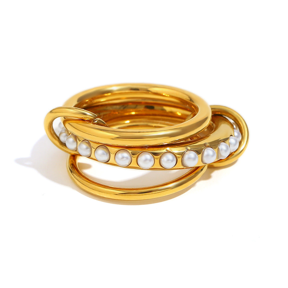 Minimalist Geometric Stainless Steel Ring Set with 18K Gold Plating and Simulated Pearl Accents for Women