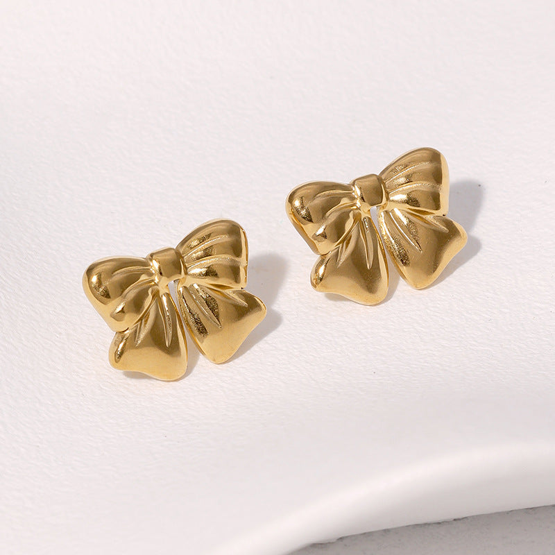 Pendientes de Acero Inoxidable con Baño de Oro en Forma de Lazo Estilo Minimalista para Mujer