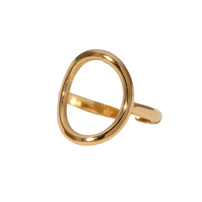 Minimalist Geometric Round Stainless Steel Ring for Women with Gold Plating and Adjustable Open Band