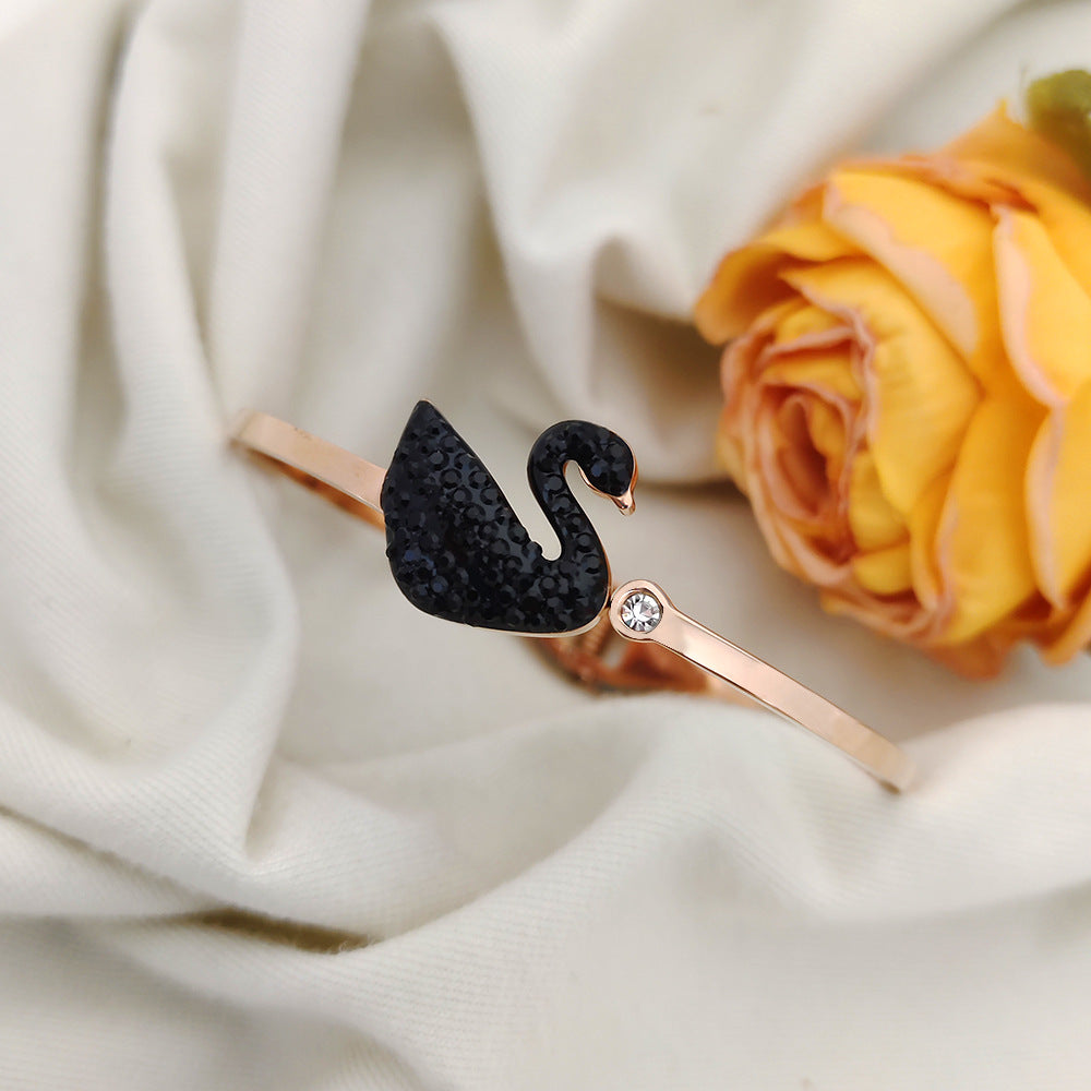 Minimalist Black Swan Bracelet for Women Made of Titanium Steel with Rhinestone Inlay and Plated Finish