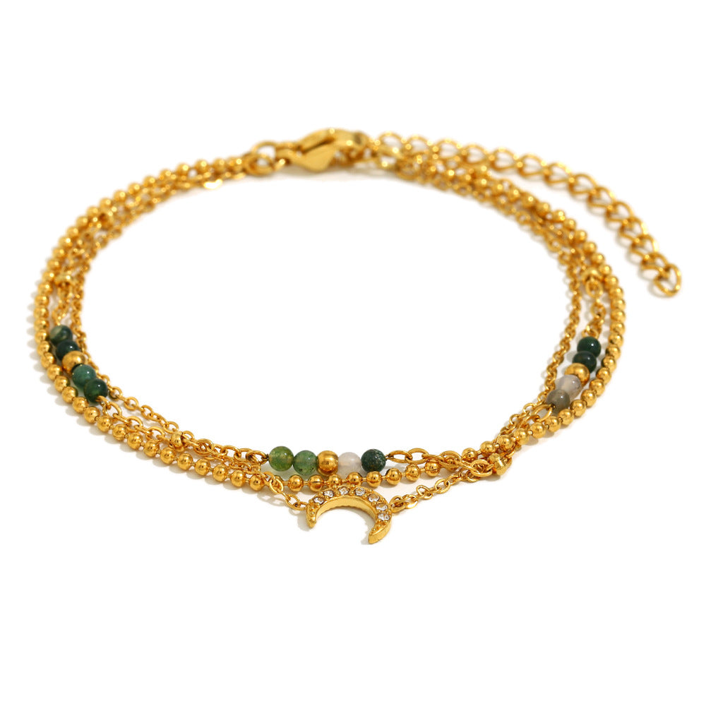 Fashionable OL Style Geometric Moon-Shaped Stainless Steel Plated 18K Gold Three-Layer Bracelet for Women