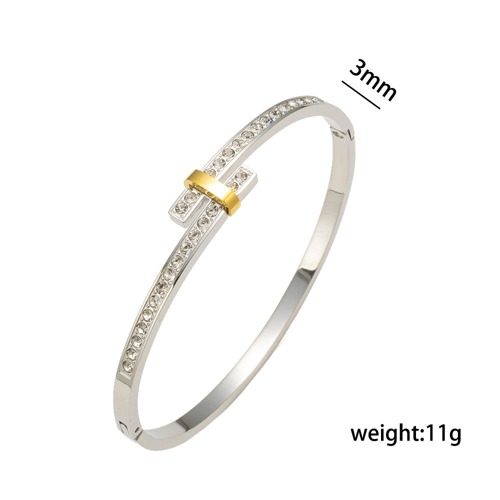 Luxury Minimalist Titanium Steel and Stainless Steel Interwoven T-Shaped Bracelet with Full Rhinestone Inlay and Oval Geometric Design