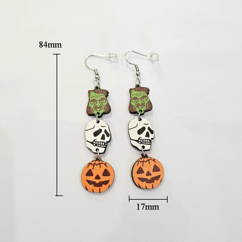 Pendientes de madera exagerados de Halloween con diseño de calavera fantasma y calabaza de dibujos animados para mujer
