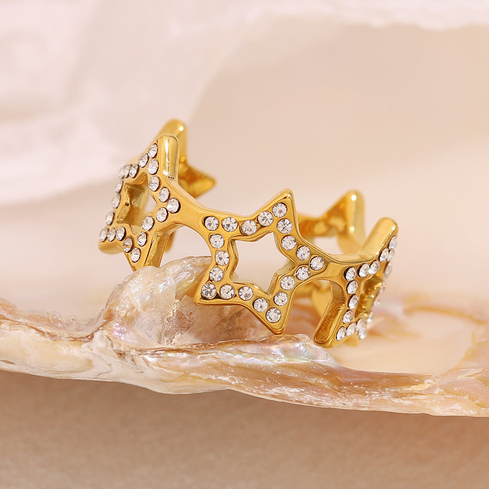 Minimalist Stainless Steel Star-Shaped Ring with 18K Gold Plating and Rhinestone Accents for Women