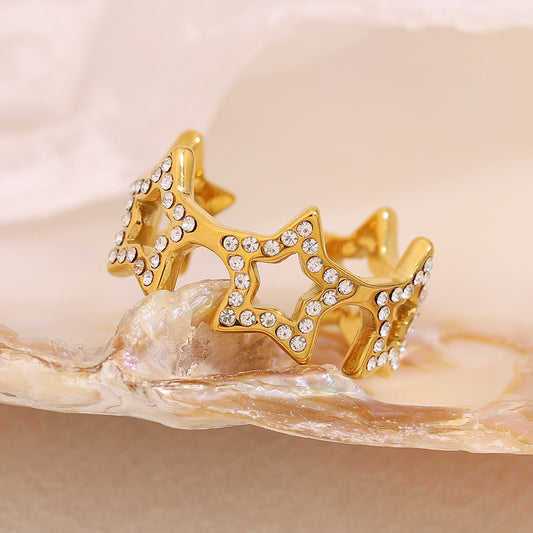 Anillo Minimalista de Acero Inoxidable con Forma de Estrella, Baño de Oro de 18K y Detalles de Pedrería para Mujer