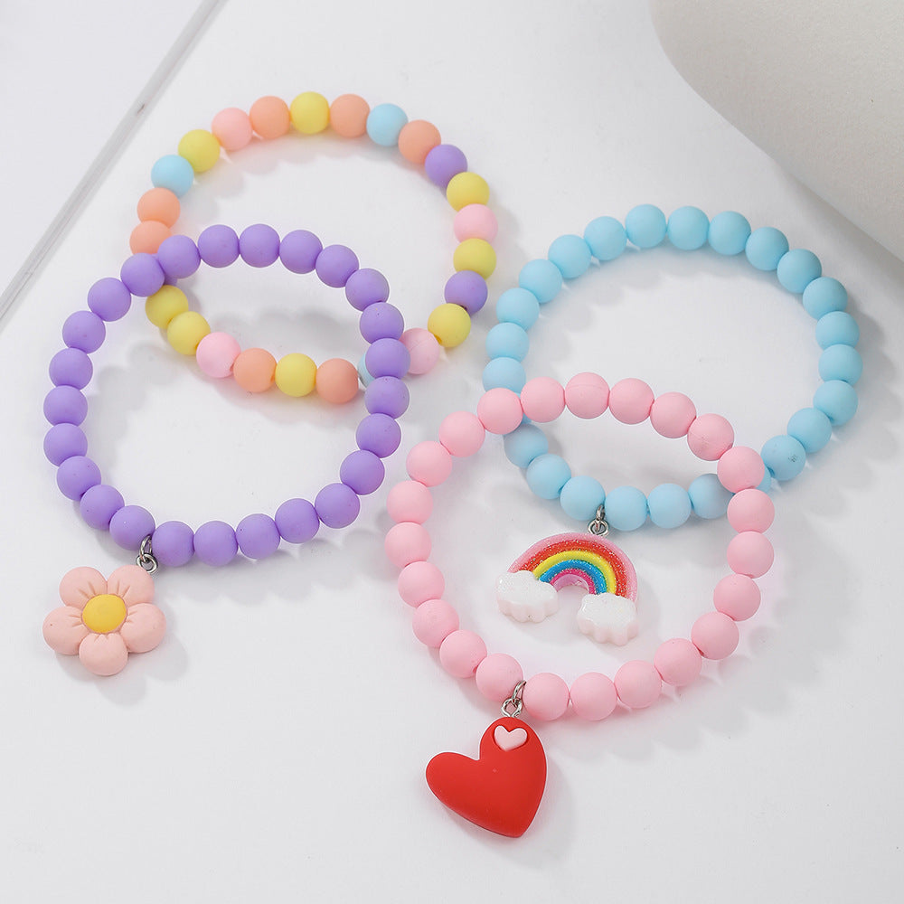 Playful Acrylic Rainbow Heart Stackable Bracelet Set for Kids with Cartoon Charm and Dopamine-Inspired Colorful Design