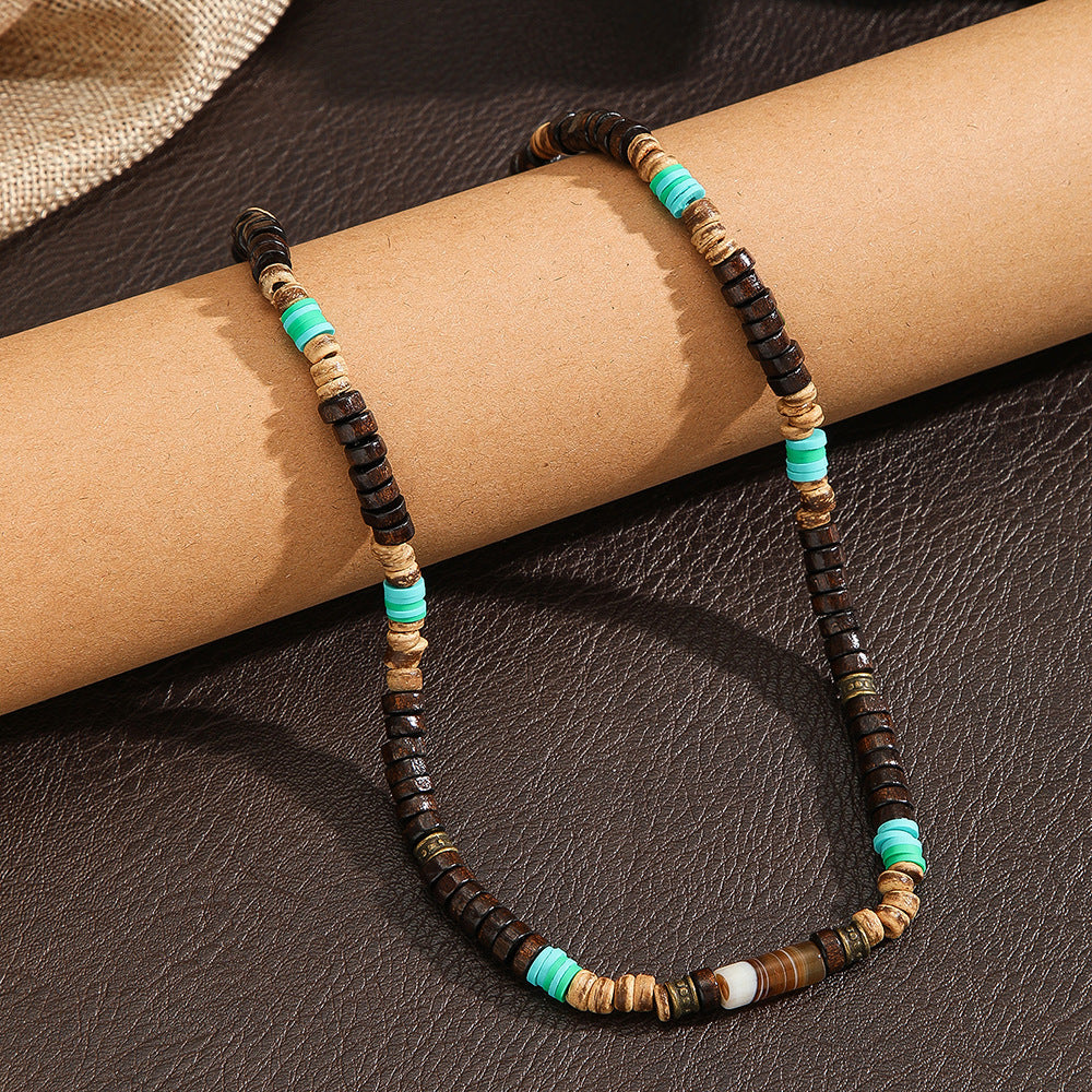 Bohemian Vintage Geometric Coconut Shell Wood Bead Handmade Alloy Necklace with Faux Pearl and Turquoise for Unisex