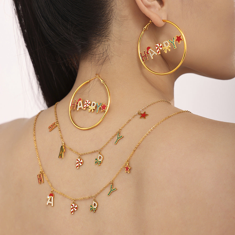 Juego de Collar Navideño de Lujo con Diseño de Rueda de la Fortuna, Esmalte e Incrustaciones de Zirconia, Colgante y Pulsera de Acero Inoxidable para Mujer