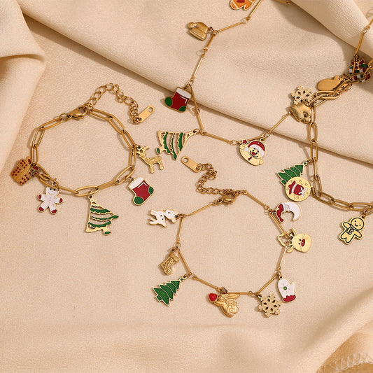 Collar con Colgante con Tema Navideño de Dibujos Animados para Mujer, Acero Inoxidable con Chapado en Oro de 18K, Cadena de Serpiente con Motivos de Copo de Nieve, Reno y Campana de Santa