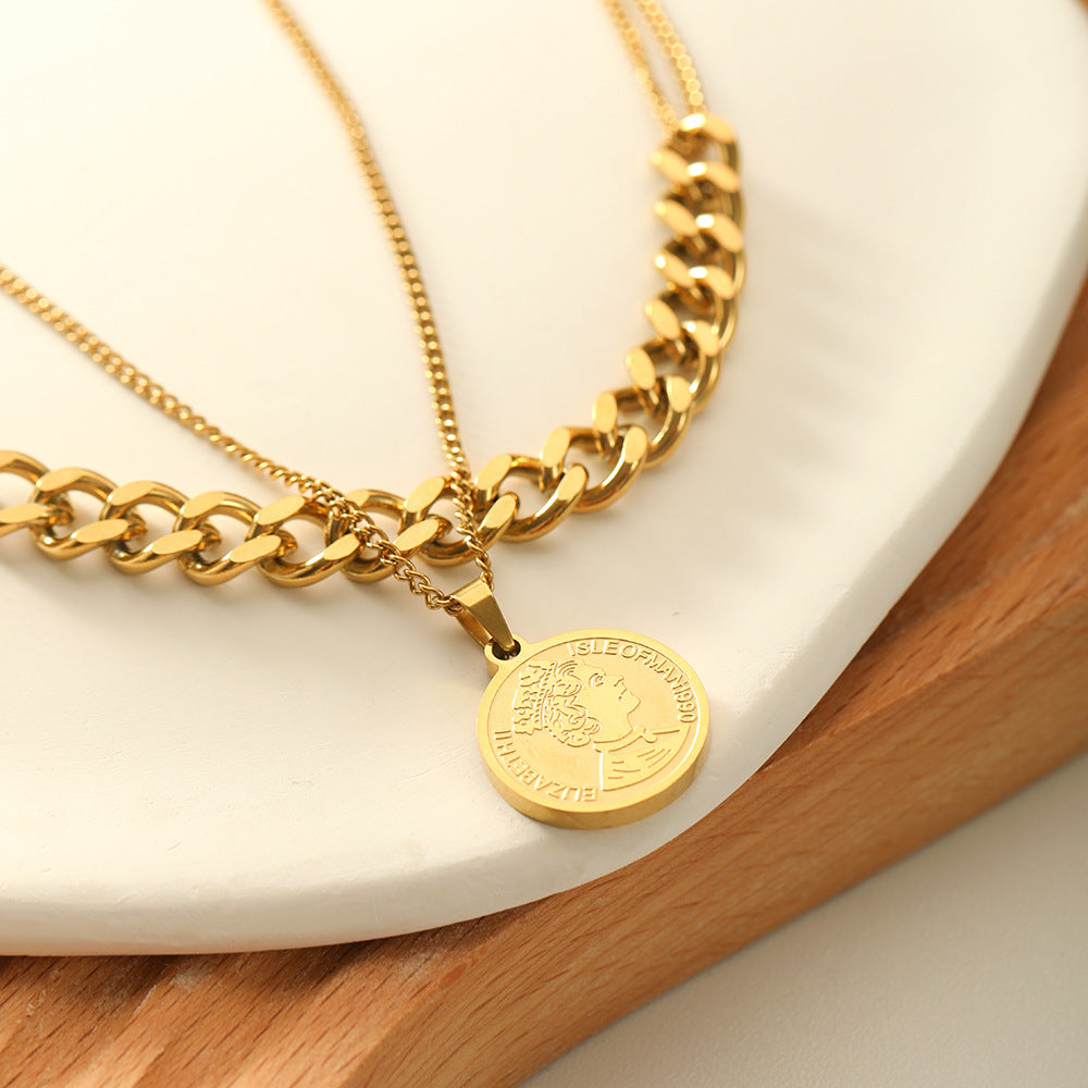 Minimalist Double-Layer Pendant Necklace with Circular Medallion Geometric Shape Titanium Steel Base and 18K Gold Plating for Women