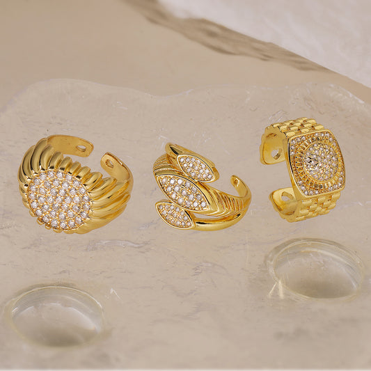 Minimalist Geometric Adjustable Copper Ring with 18K Gold Plating and Zircon Accents for Women