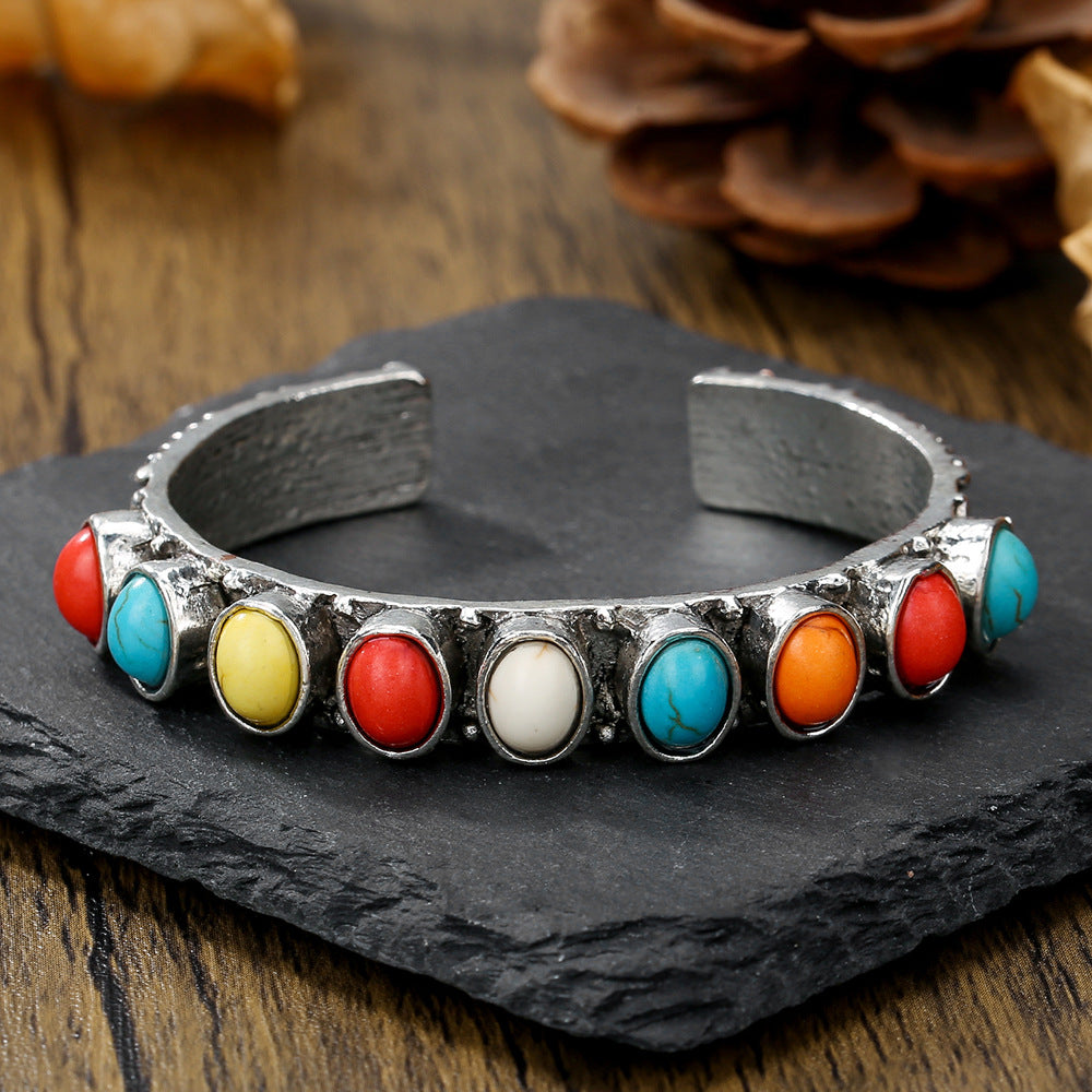 Bohemian Vintage Ethnic Round Geometric Alloy Plated Turquoise Inlay Open Cuff Bracelet for Women