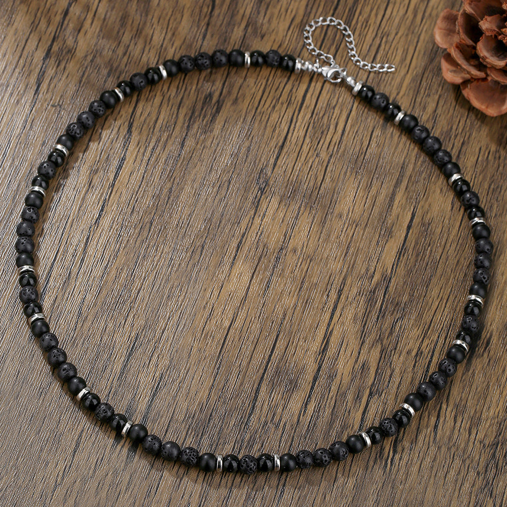 Bohemian Black Agate Volcanic Stone Blue Dot Beaded Necklace Multi-layer Ball Chain Unisex