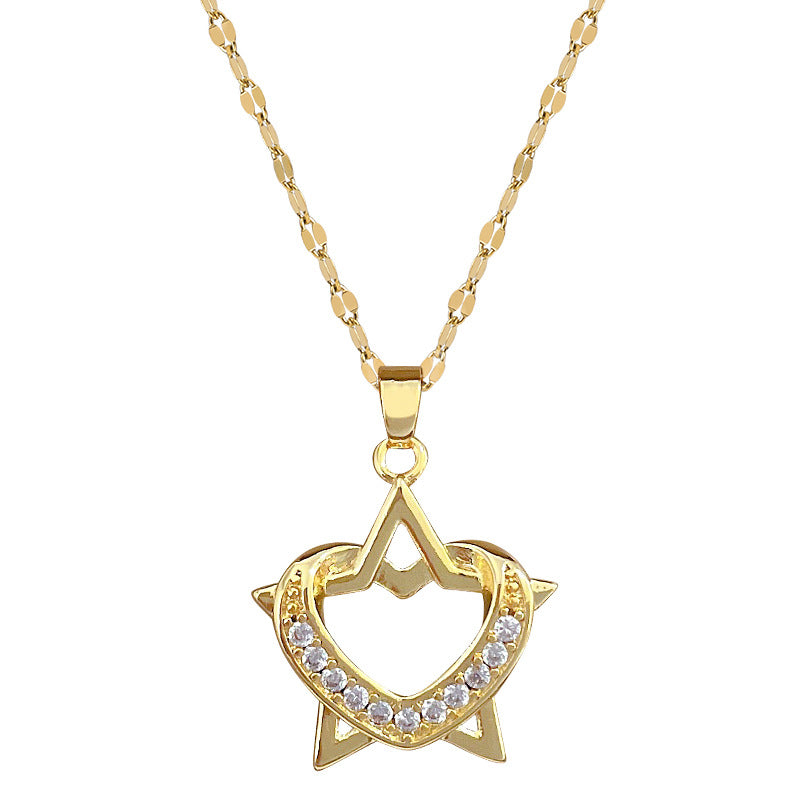 Minimalist Heart and Star Geometric Pendant Necklace in Titanium Steel with Rhinestone Accents for Women and Unisex Wear