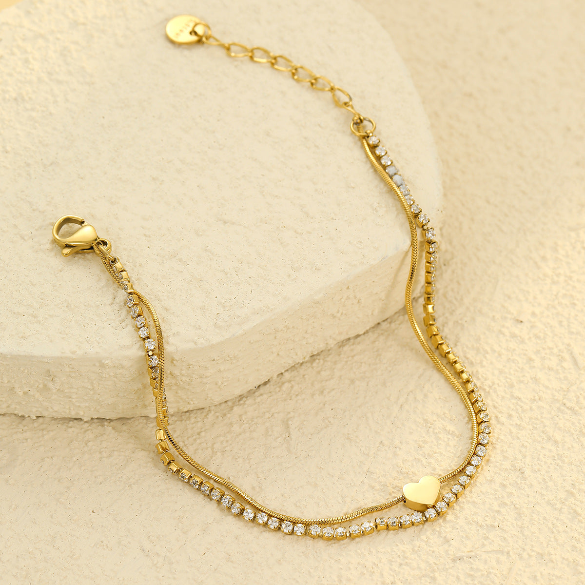 Minimalist Double-Layer Heart-Shaped Stainless Steel Bracelet with Zirconia Accents for Women and Men