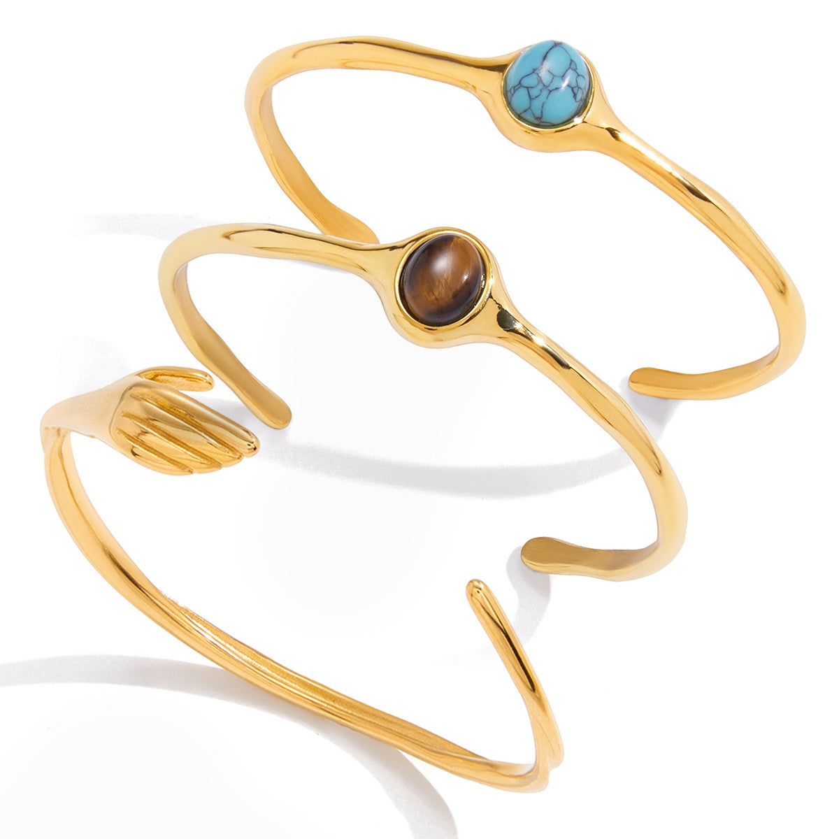 Bracciale a Polsino in Acciaio Inossidabile con Occhio di Tigre e Design Geometrico, Placcato Oro 18K, Anello Aperto, Gioielli Leggeri