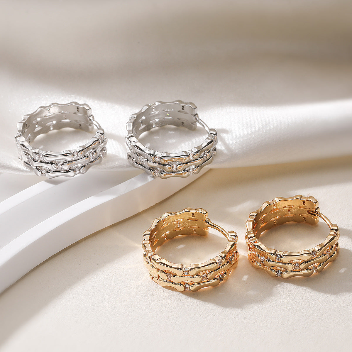 Vintage Elegant Geometric Brass Gold Plated Cubic Zirconia Hoop Earrings for Women