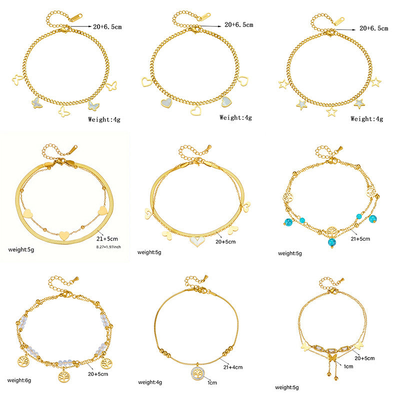 Fashion Heart White Shell Life Tree Butterfly Anklet for Women Stainless Steel Jewelry