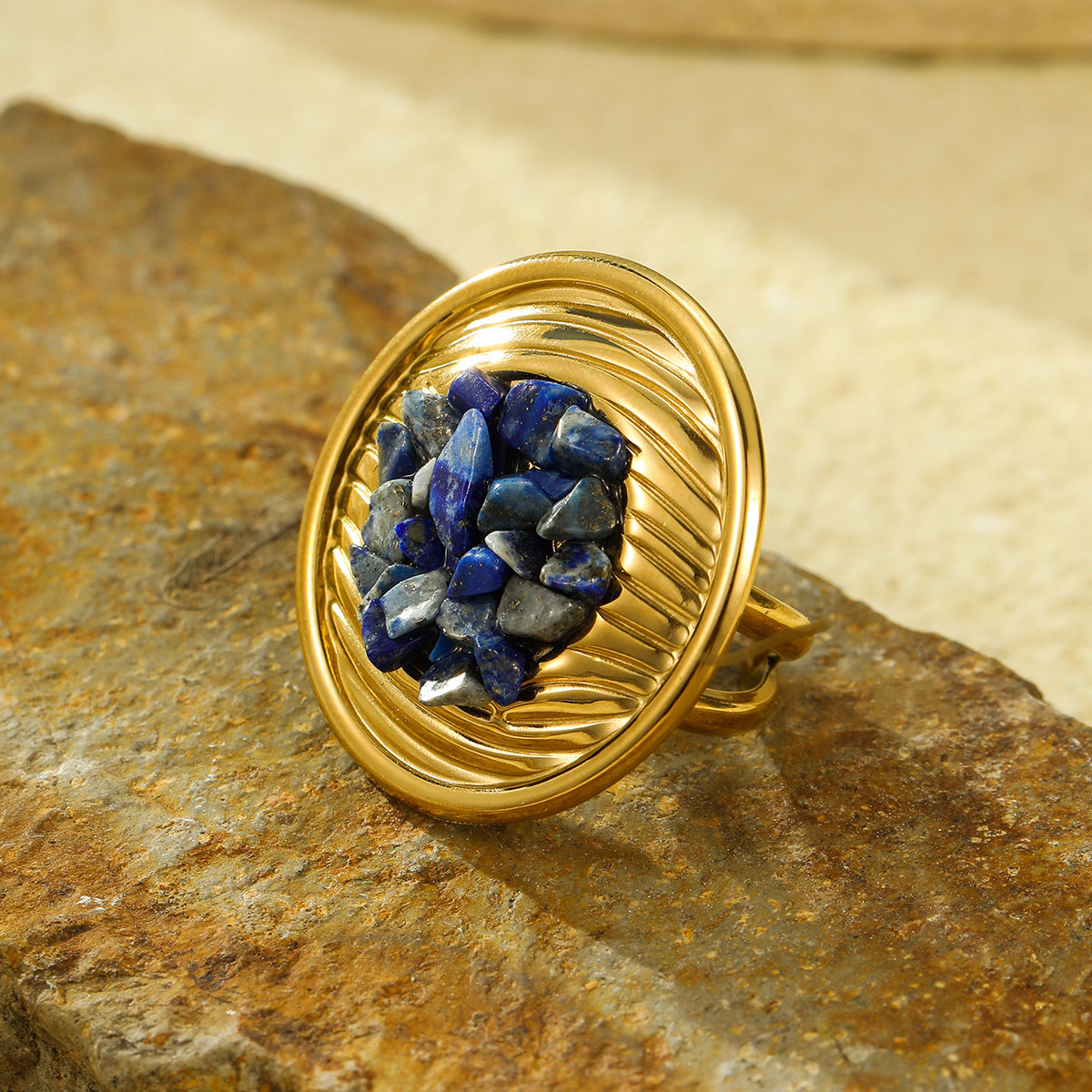 Light Luxury Geometric Textured Titanium Steel Ring with Natural Stone Inlay for Women
