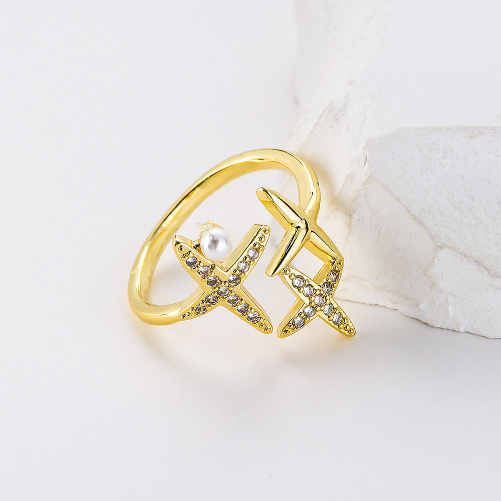 Anello Aperto Tartaruga Farfalla Geometrica da Donna in Rame con Placcatura in Oro 18K e Intarsio di Zirconi