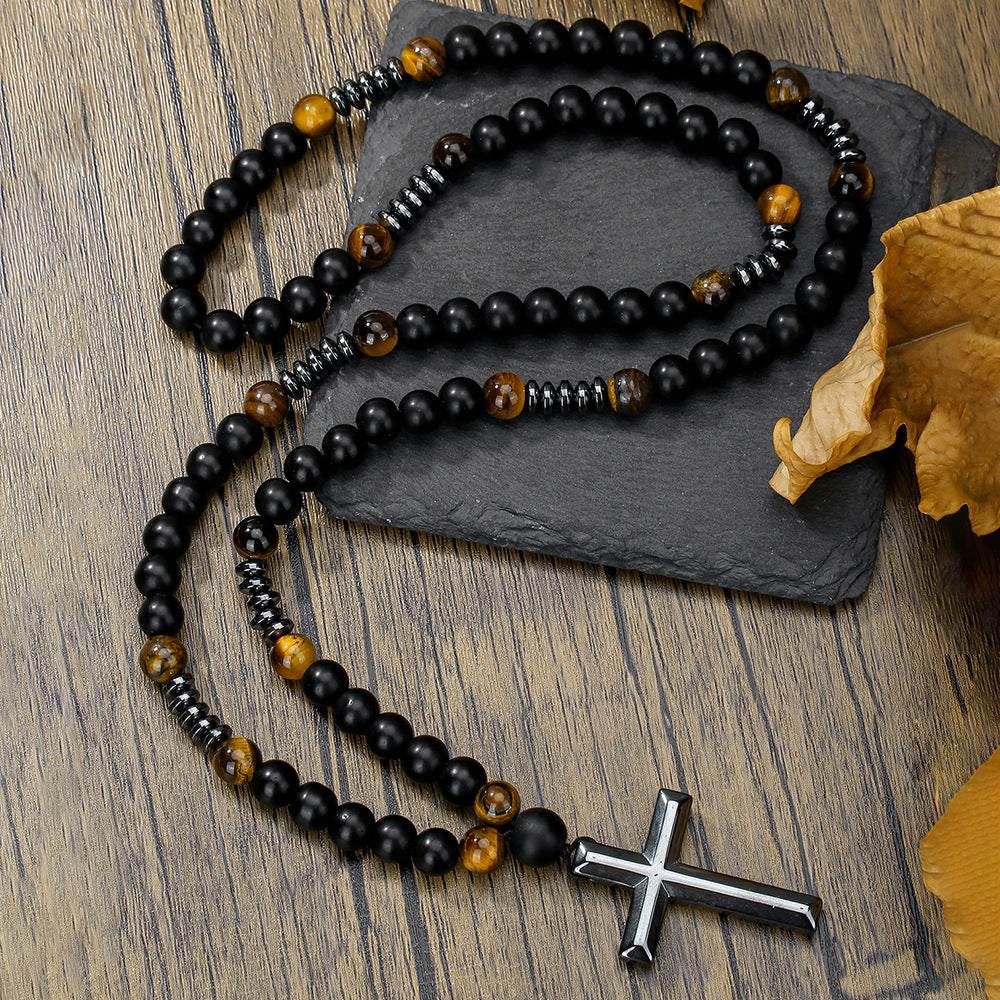 Men's Cross Pendant Necklace with Stone Beads and Alloy Cross Charm