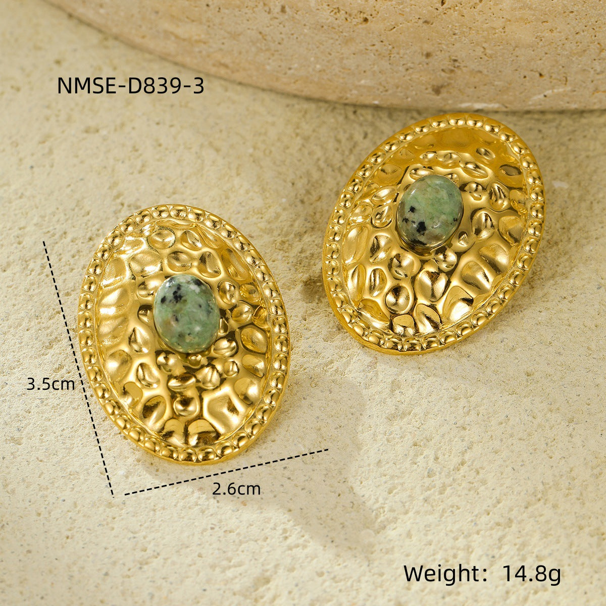 Pendientes de Acero Inoxidable con Textura Ovalada de Estilo Vintage con Incrustaciones de Piedra Natural para Mujer