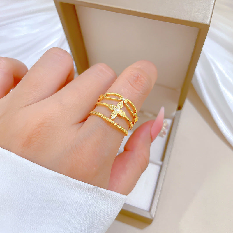 Minimalist Sweet Gold Plated Brass Plant Ring Adjustable Open Band for Couples