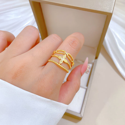 Minimalist Sweet Gold Plated Brass Plant Ring Adjustable Open Band for Couples