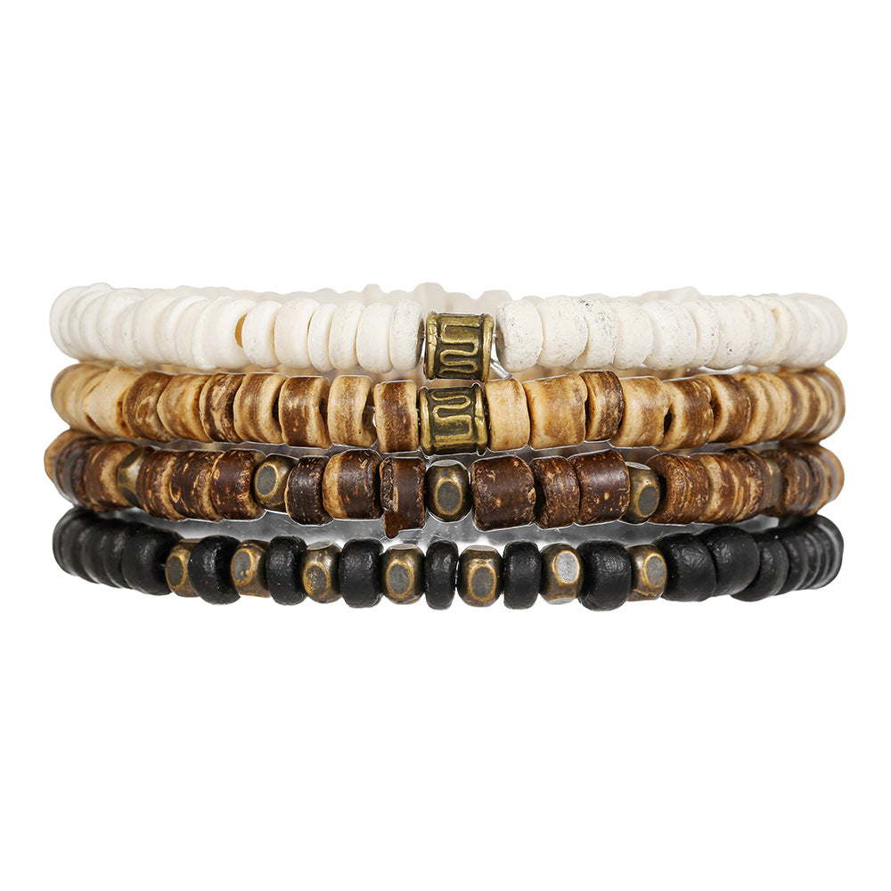 Vintage Hip-hop Round Wood Bead Bracelet with Alloy Accents for Unisex