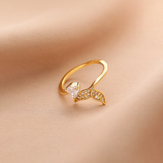 Anello Aperto Minimalista a Coda di Pesce da Donna, Anello Regolabile in Rame con Finitura Placcata