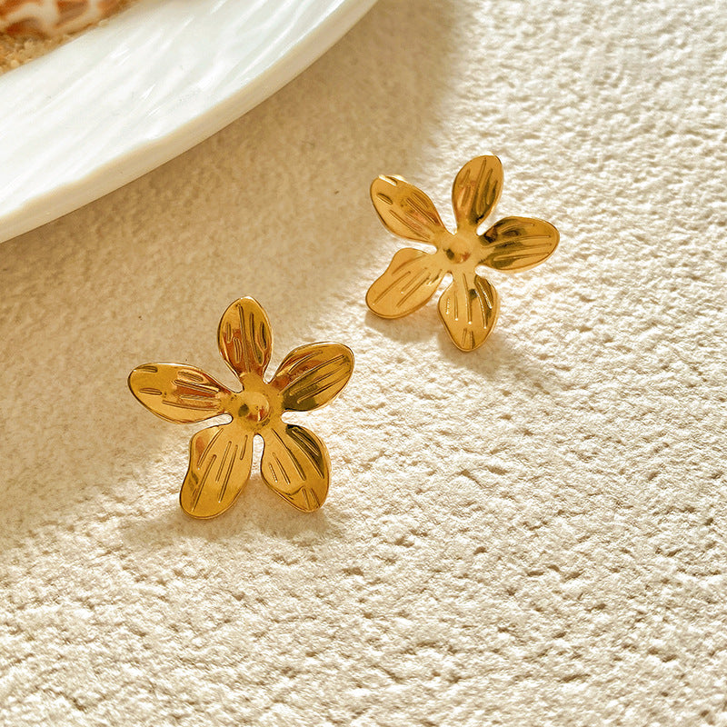 Sweet Sunflower Plant Brass Stud Earrings with Stainless Steel Posts