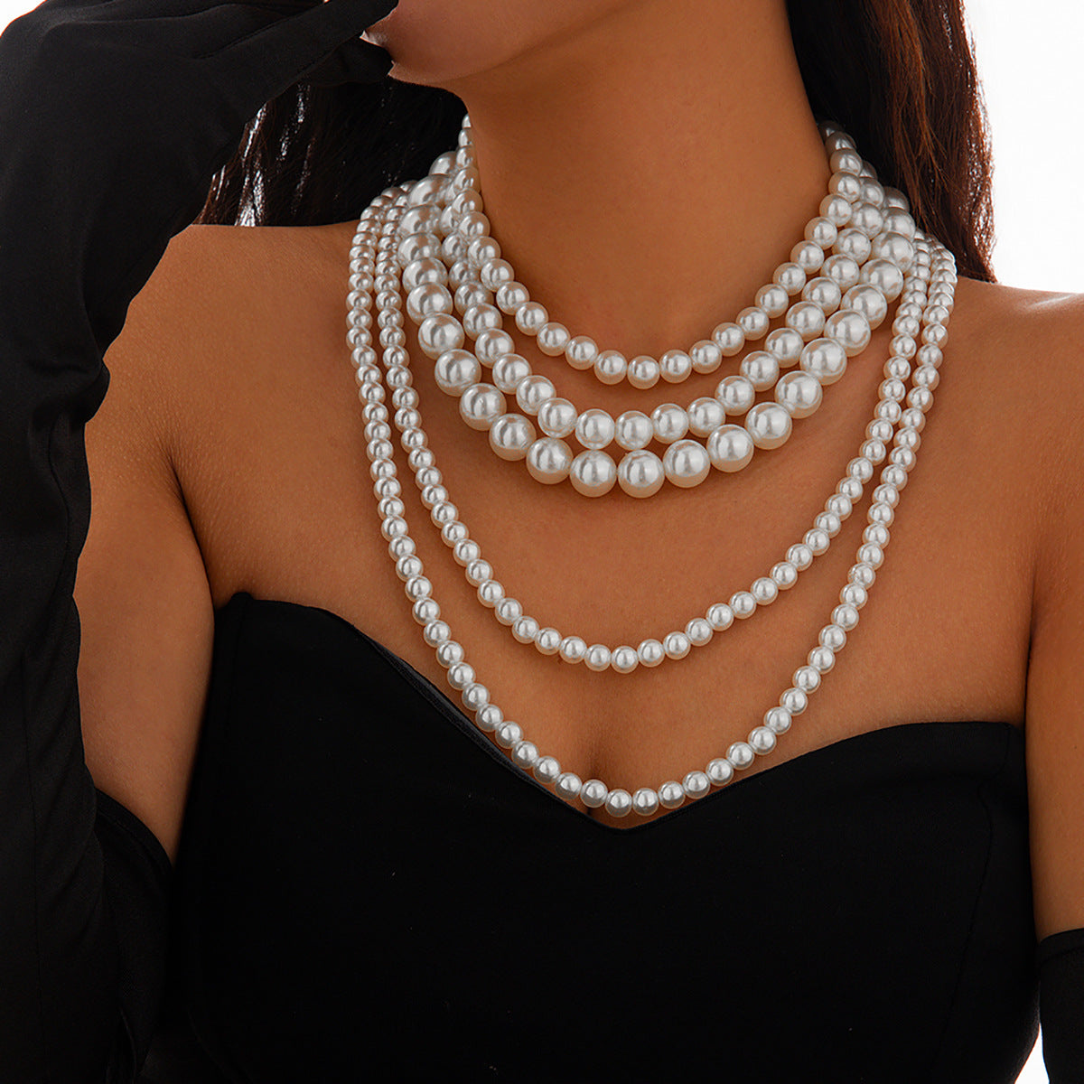 Vintage French-Inspired Multi-Layer Pearl-Style Choker Necklace for Women with Geometric Beads and Ball Chain