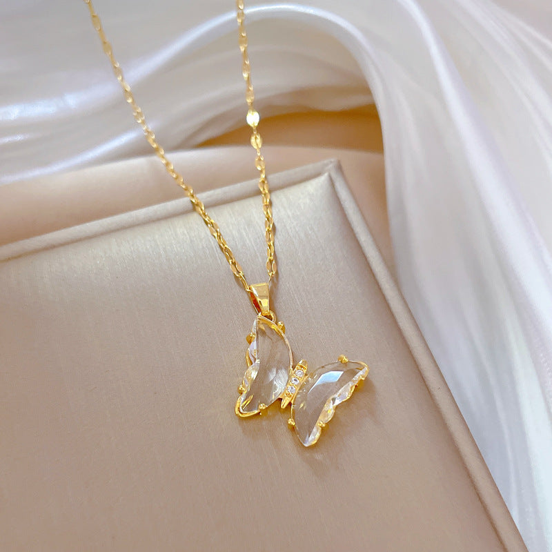 Butterfly Luxury Titanium Steel Clavicle Necklace with Rhinestone Inlay for Women
