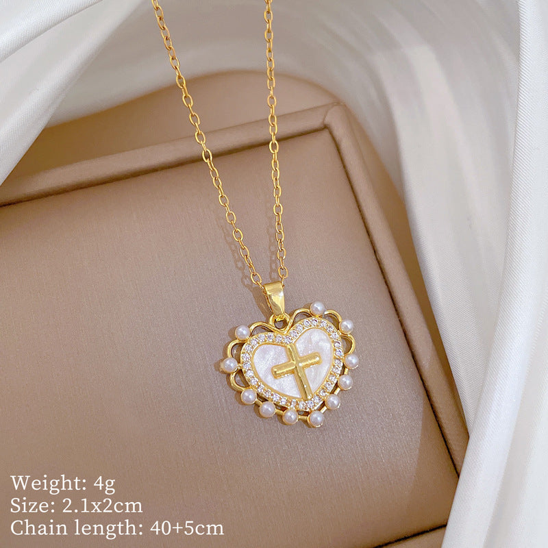 Sweet Minimalist Cross Micro-Inlaid Cubic Zirconia Brass Pendant Titanium Steel Necklace for Unisex