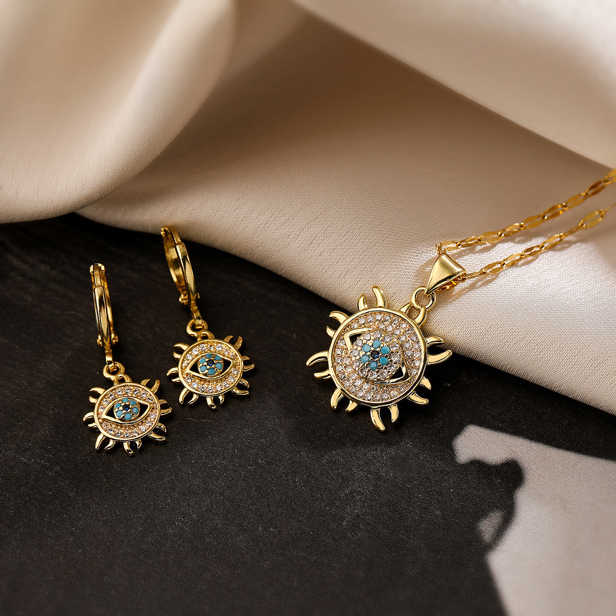 Vintage Geometric Evil Eye 18K Gold Plated Copper Zircon Inlay Jewelry Set for Women