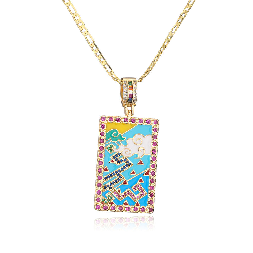 Collana con Ciondolo Vintage Minimalista Geometrico Smaltato Zircone Nuvola Pittura ad Olio Rame Placcato Oro 18K