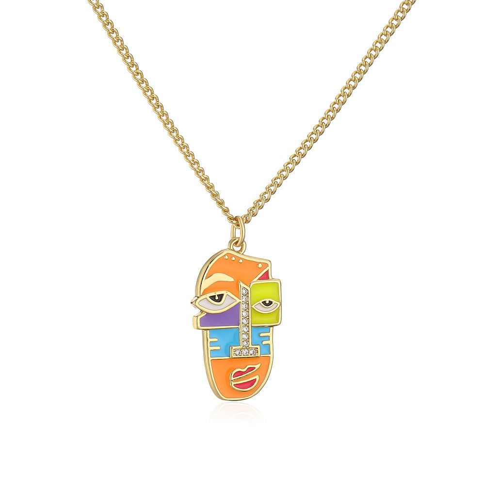 Abstract Face Pendant Necklace for Women in Copper with 18K Gold Plating Rhinestone Inlay and Enamel Finish