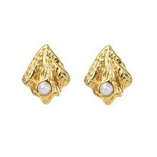 Geometric Stainless Steel Pearl Inlay Stud Earrings for Women
