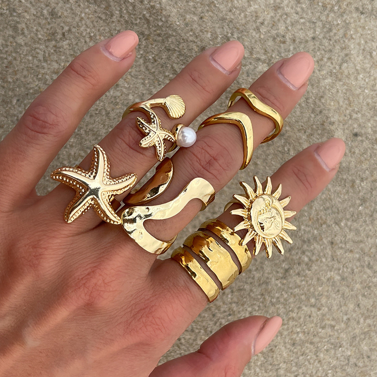 Anello aperto in lega vintage da donna con girasole geometrico e stella, con finitura placcata