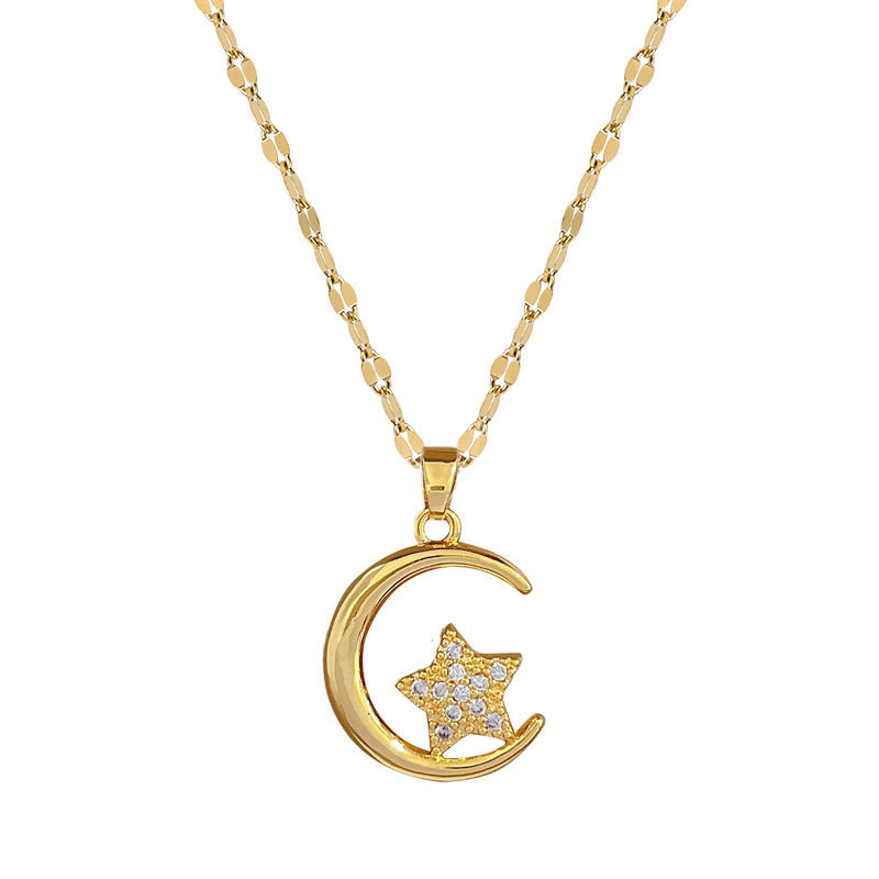 Minimalist Geometric Moon and Star Pendant Necklace for Women in Titanium Steel with Plated Finish