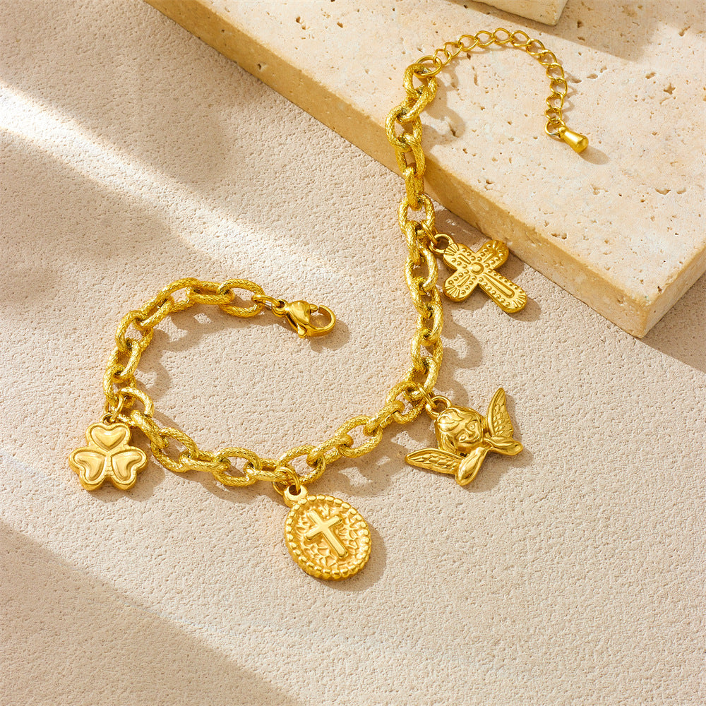 Vintage Luxury Style Oval Cross Angel Pendant Bracelet for Women with Gold Plated Stainless Steel Thick Chain
