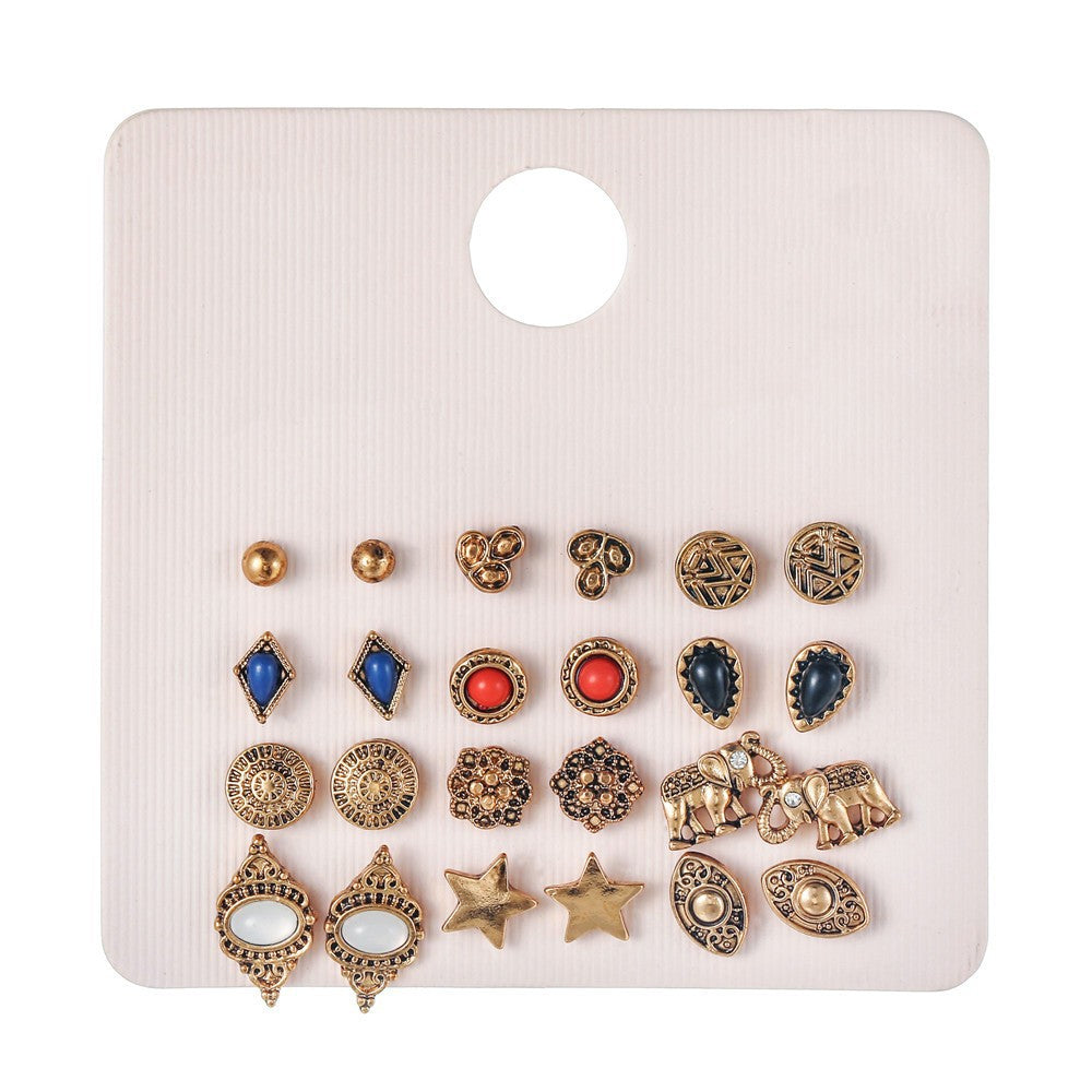 Vintage Sweet Heart Geometric Floral Rhinestone Inlay Alloy Stud Earrings Set