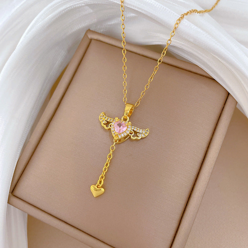 Sweet Geometric Moon Rhinestone Paved Movable Wing Tassel Necklace Titanium Steel Cable Chain for Women