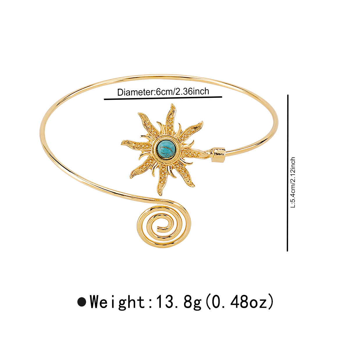 Bracciale rigido aperto stile bohémien vintage con girasole, turchese e tonalità ottone regolabile