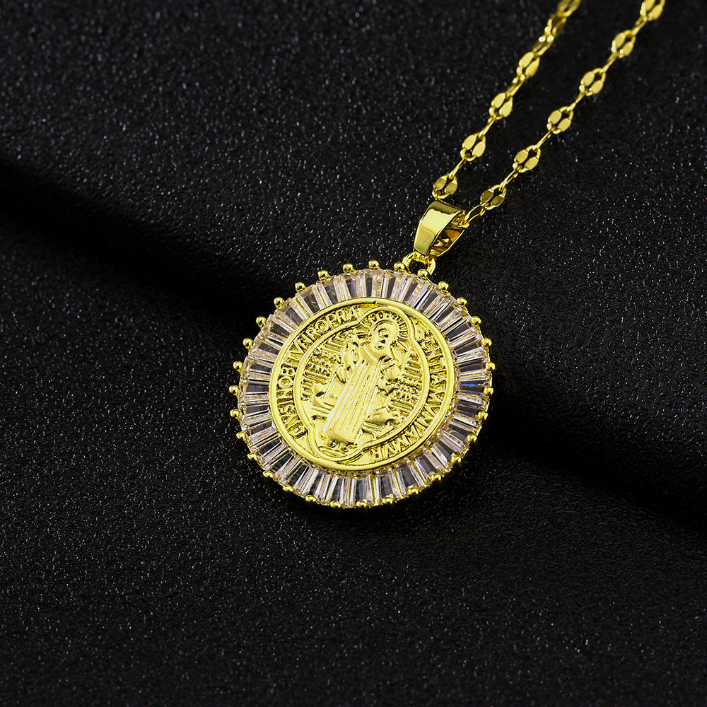 Collar de acero inoxidable con colgante geométrico minimalista de San Benito para mujer, con charm de cobre chapado en oro y cadena con diseño de labios