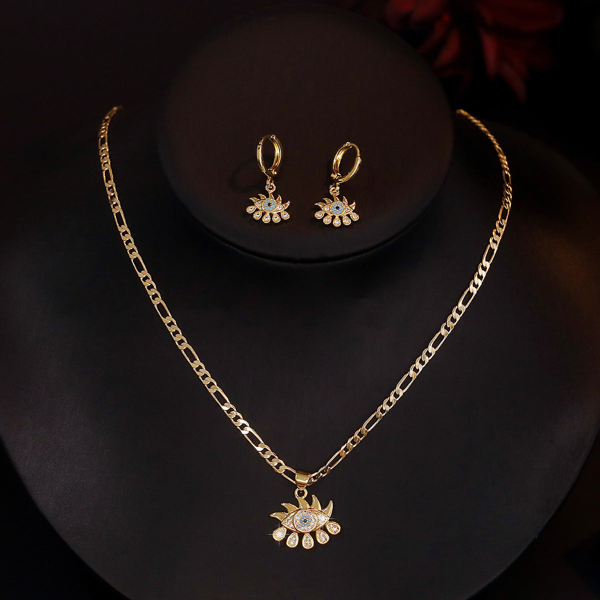 Parure minimalist con collana e orecchini malocchio in rame con zirconi e catenina a sfere