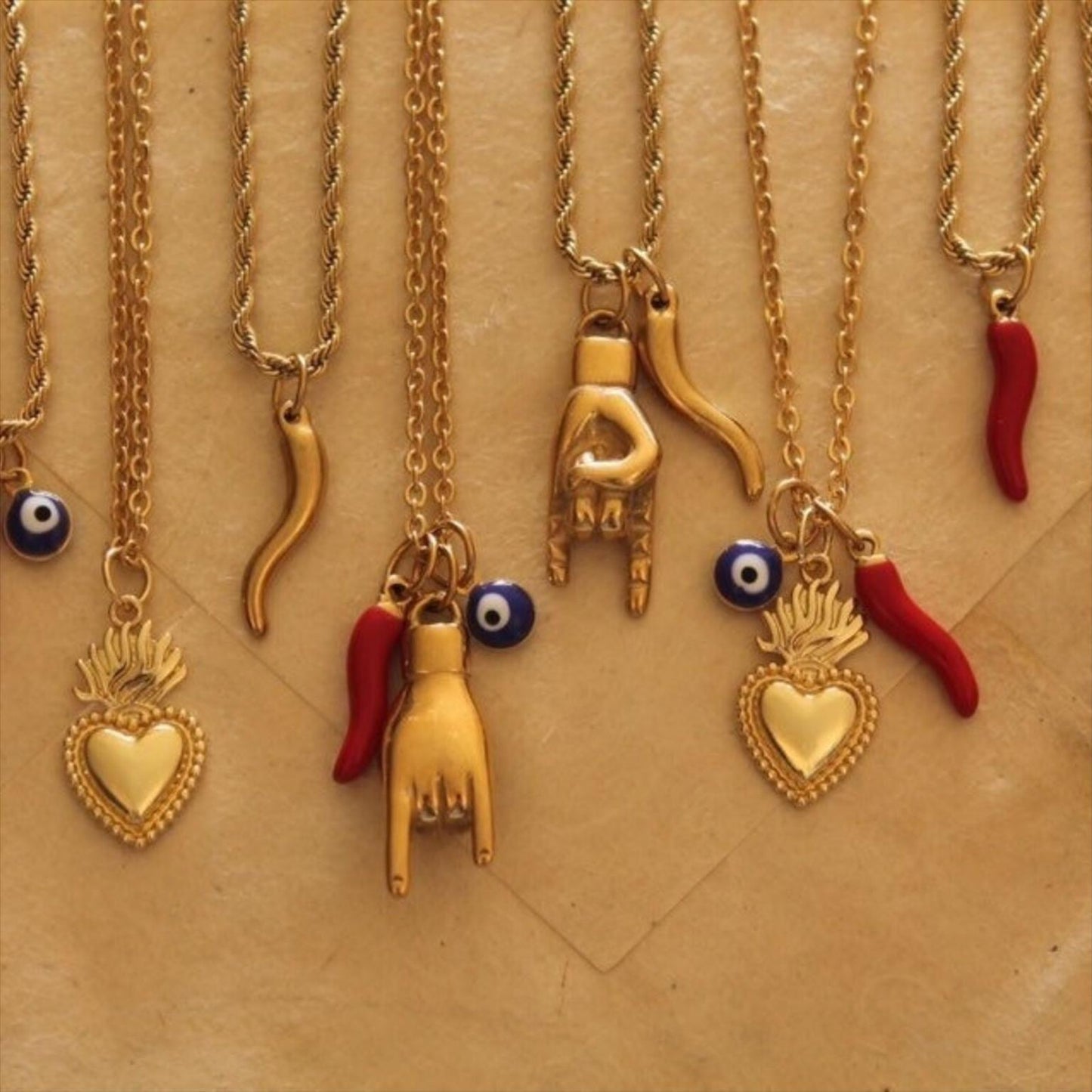 Vintage Geometric Evil Eye Horn Pendant Stainless Steel Necklace with Rope and Cable Chain PVD Plated for Women