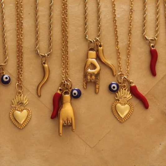 Vintage Geometric Evil Eye Horn Pendant Stainless Steel Necklace with Rope and Cable Chain PVD Plated for Women