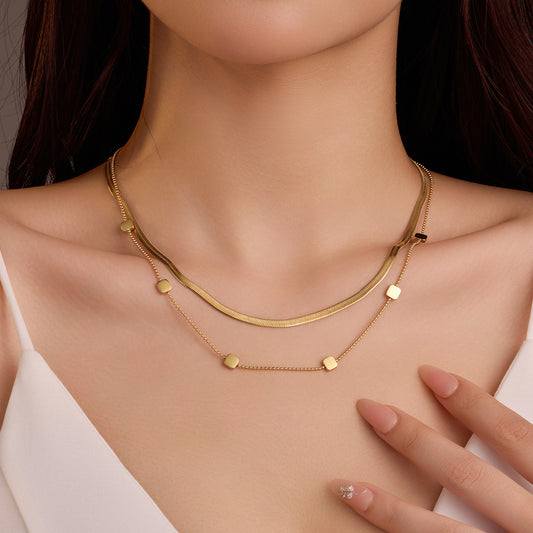 Fashion Minimalist Geometric Double Layer Stainless Steel Necklace for Women with Square Pendant and Plated Finish