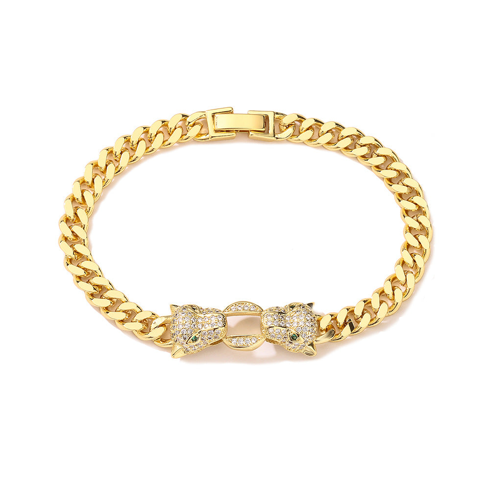Bracciale Cubano Geometrico a Forma di Leopardo alla Moda da Donna in Rame Placcato Oro con Intarsio di Zirconi